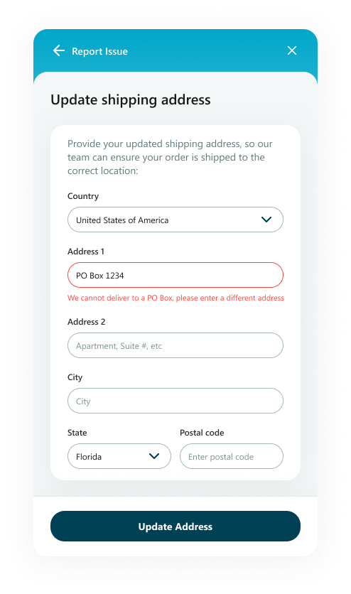 Mech's shipping address update flow — customers self-correct delivery details without contacting support